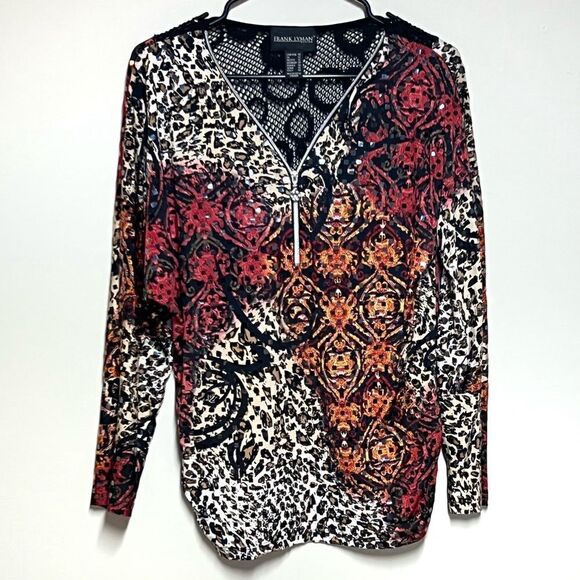 Frank Lyman Gorgeous Multi Color Embellished Jersey Stretch Top Sz 10 - Picture 1 of 7